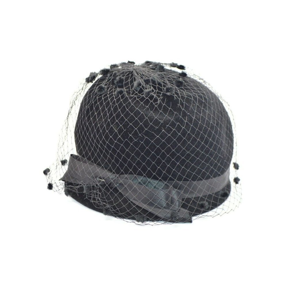 Cherry and Webb Mid Century Black Imported Fur Ribbon Netted Bucket Dress Hat